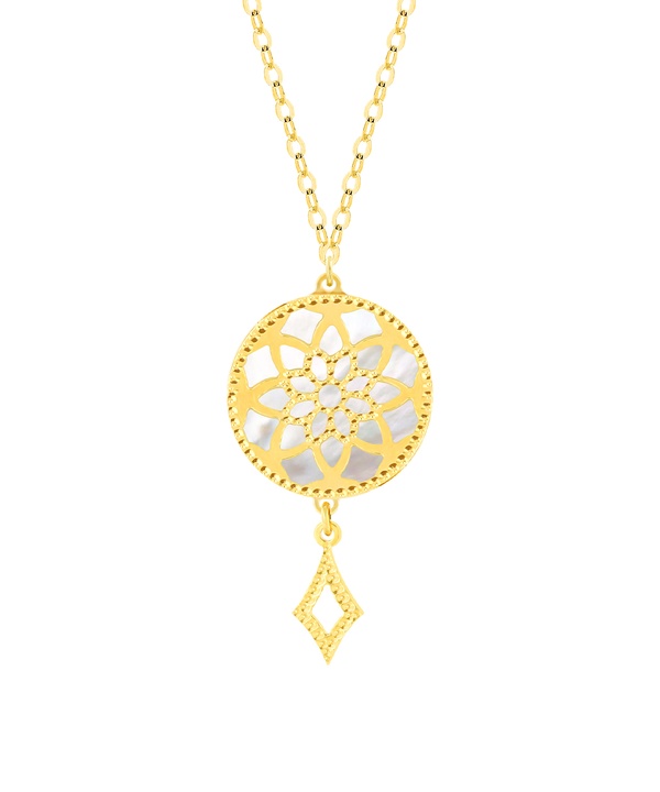 Madinah 18k Yellow Gold Necklace With Emerald Green And White Mother Of Pearl Pendant