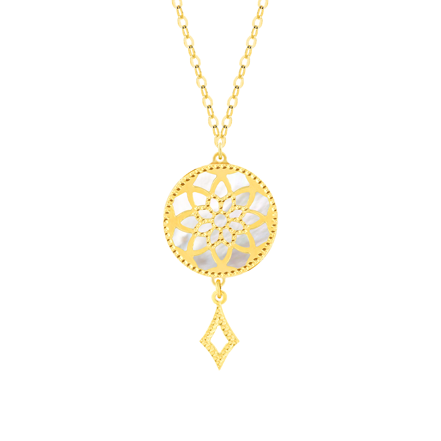 Madinah 18K Yellow Gold Necklace With Emerald Green And White Mother Of Pearl Pendant