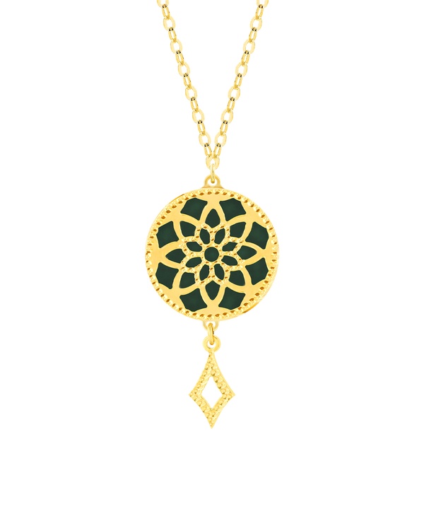 Madinah 18k Yellow Gold Necklace With Emerald Green And White Mother Of Pearl Pendant