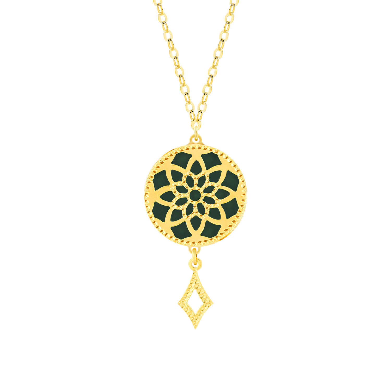 Madinah 18K Yellow Gold Necklace With Emerald Green And White Mother Of Pearl Pendant