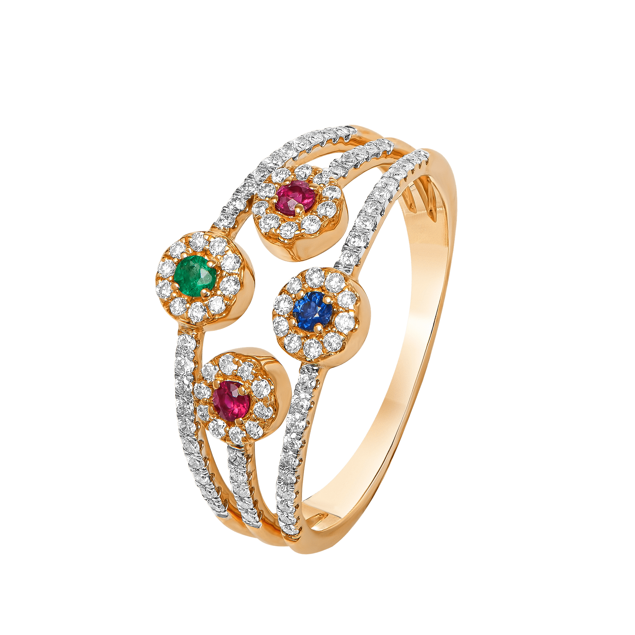 Diamond Ruby Emerald & Blue Sapphire Ring In 18k Gold