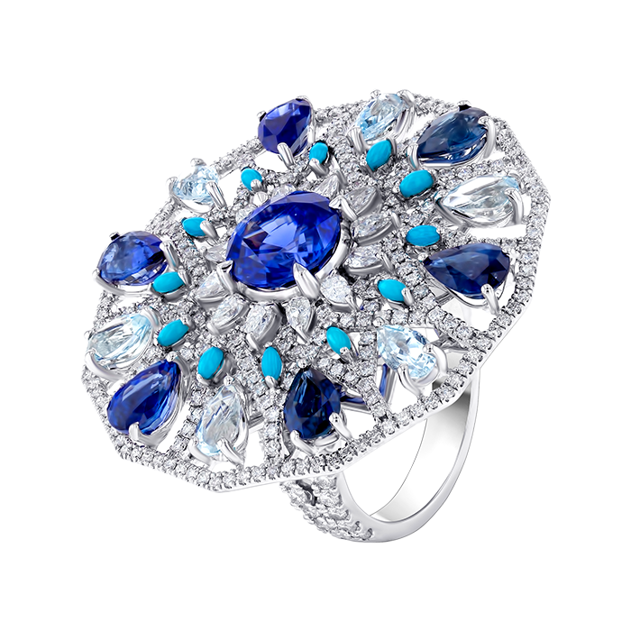 Cocktail Ring In 18k White Gold With Diamonds And Sapphire Ring