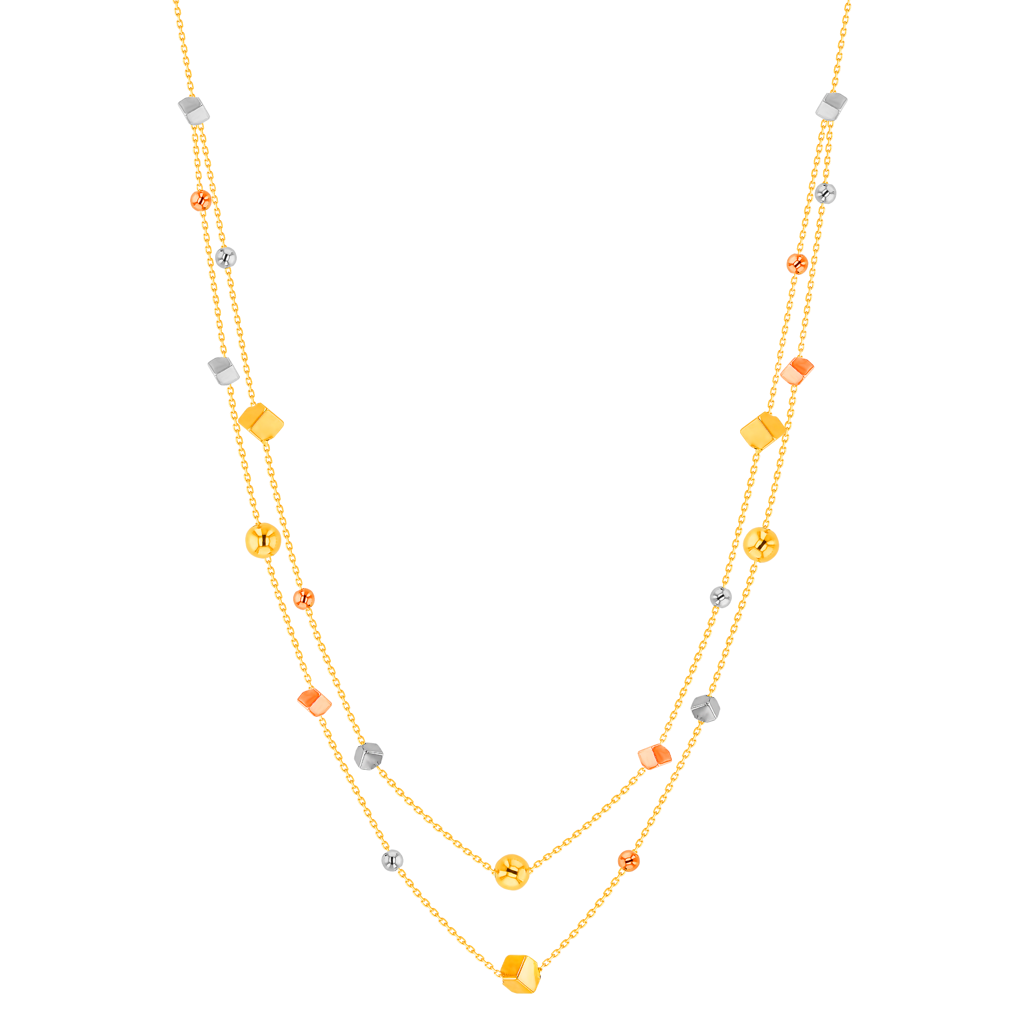 Cubes Two Tiered Chain Necklace In 18k Yellow White & Rose Gold