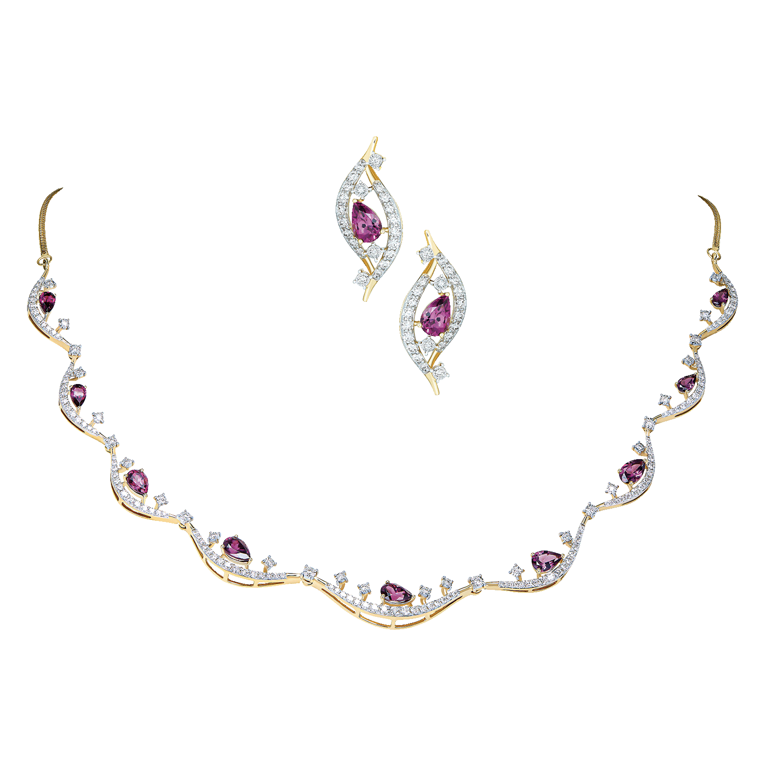 18k Gold Diamond & Rhodolite Necklace & Earrings Set
