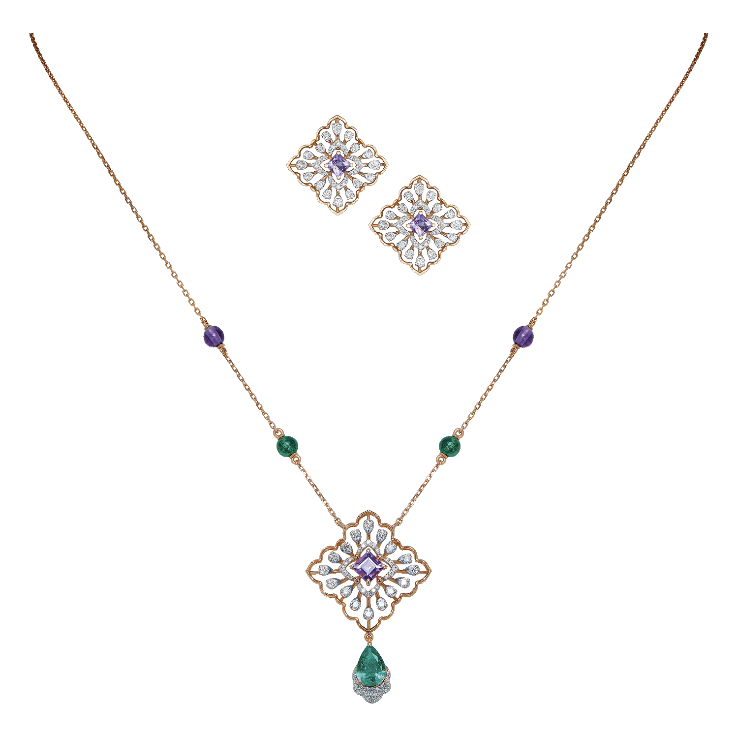 18k Gold Diamond Amethyst & Emerald Pendant & Earrings Set