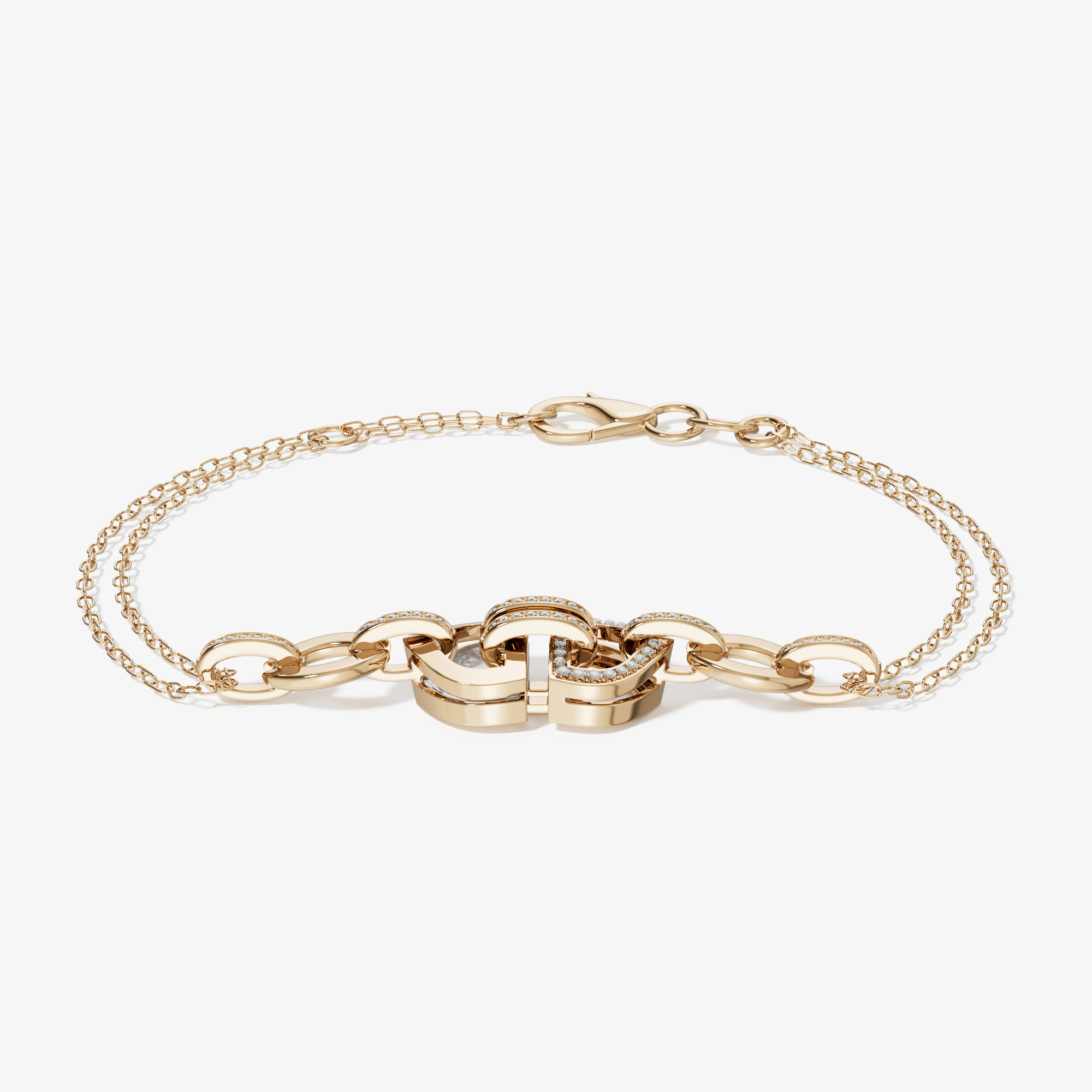 Art Deco Double 18K Yellow Gold Diamond And Mother Of Pearl Bracelet
