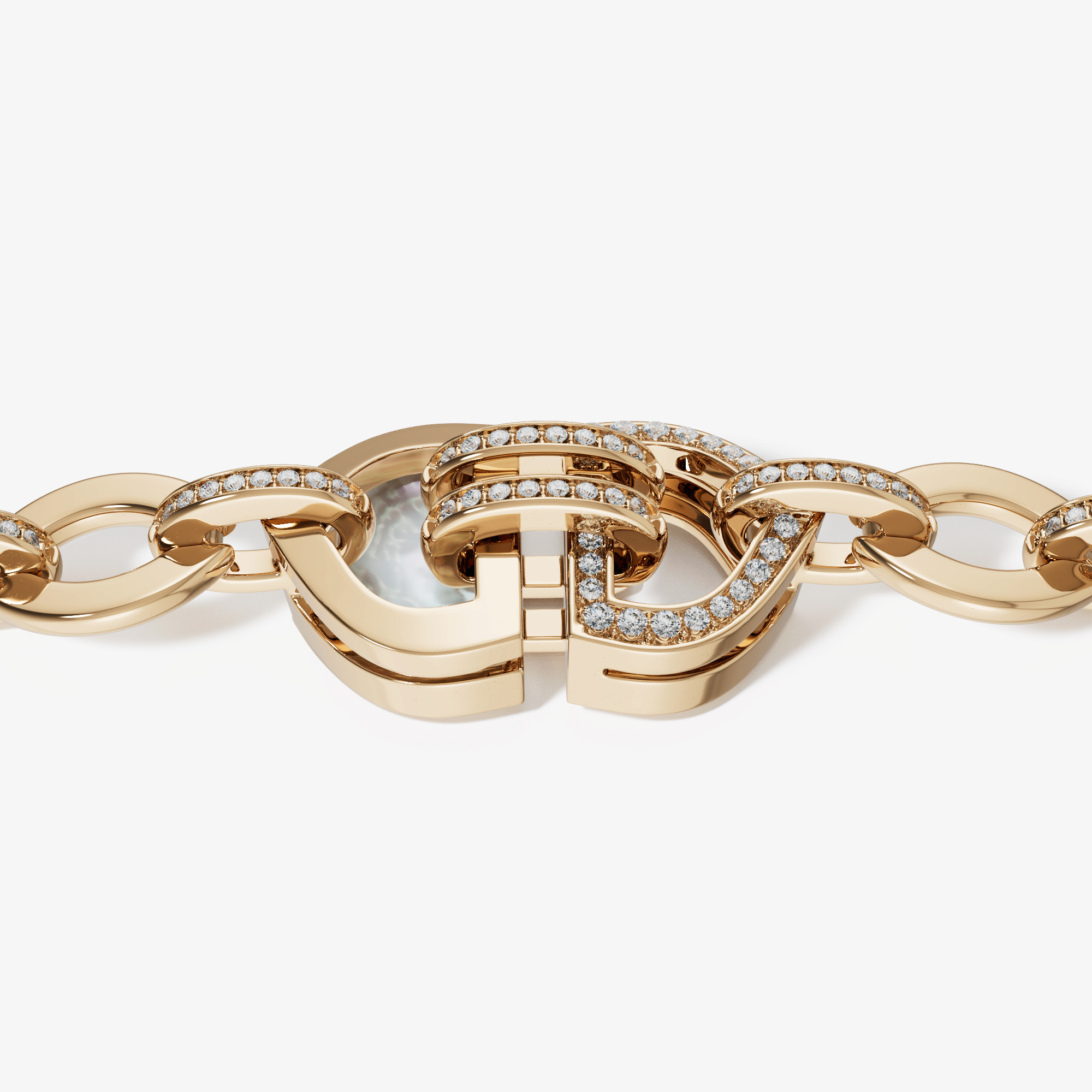 Art Deco Double 18K Yellow Gold Diamond And Mother Of Pearl Bracelet