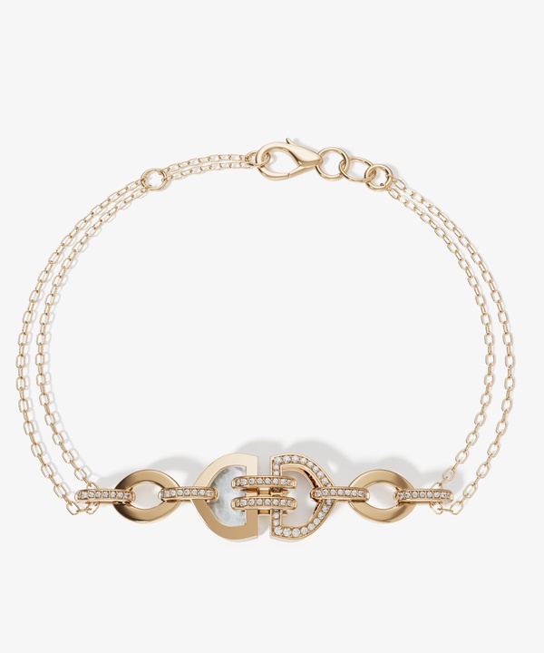 Art Deco Double 18k Yellow Gold Diamond And Mother Of Pearl Bracelet