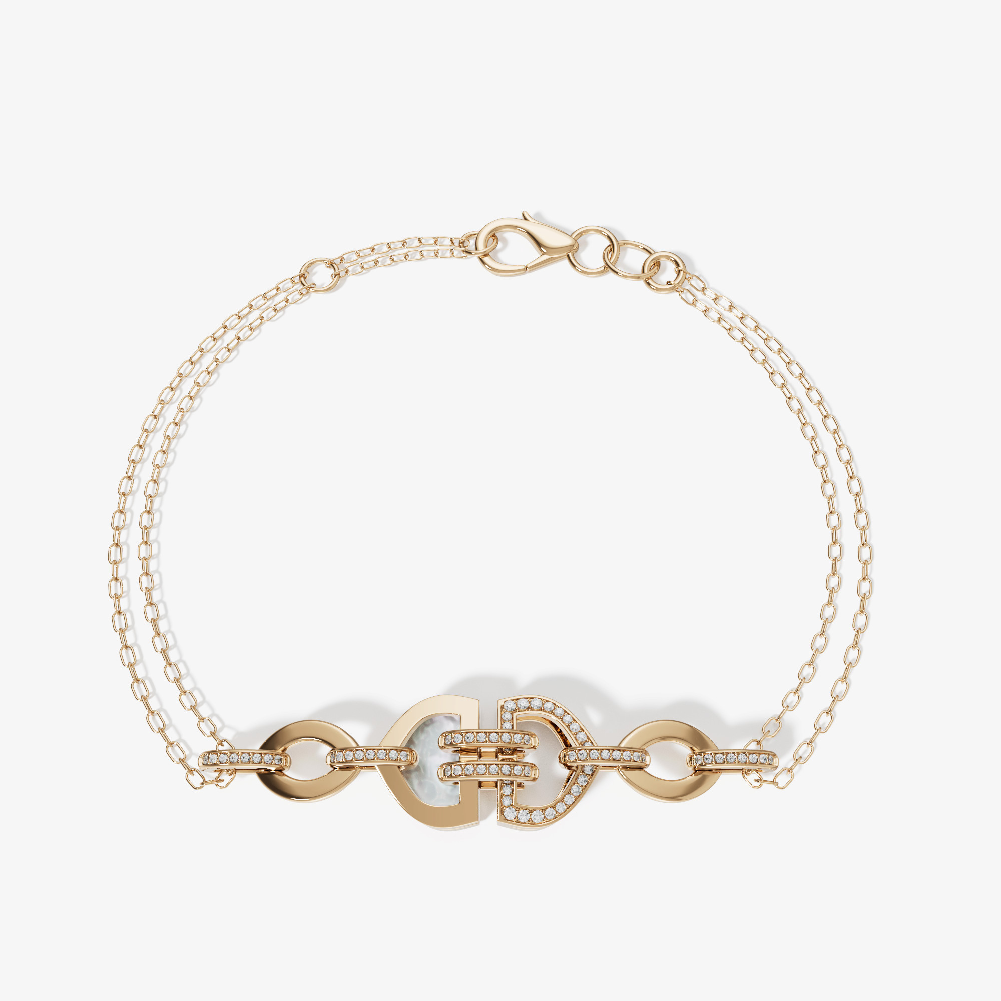 Art Deco Double 18K Yellow Gold Diamond And Mother Of Pearl Bracelet