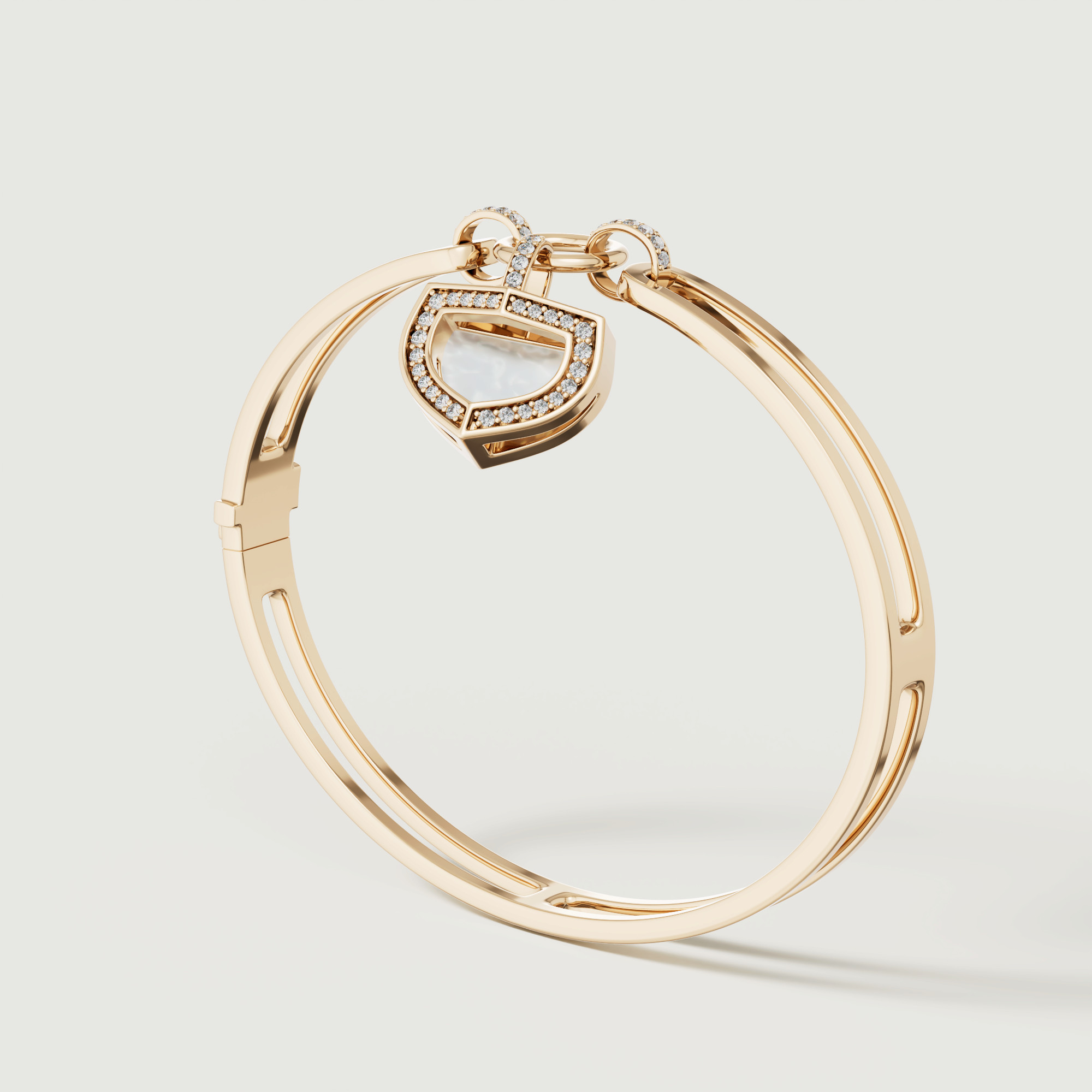 Art Deco Yellow Gold Bangle With Mother Of Pearl And Diamond