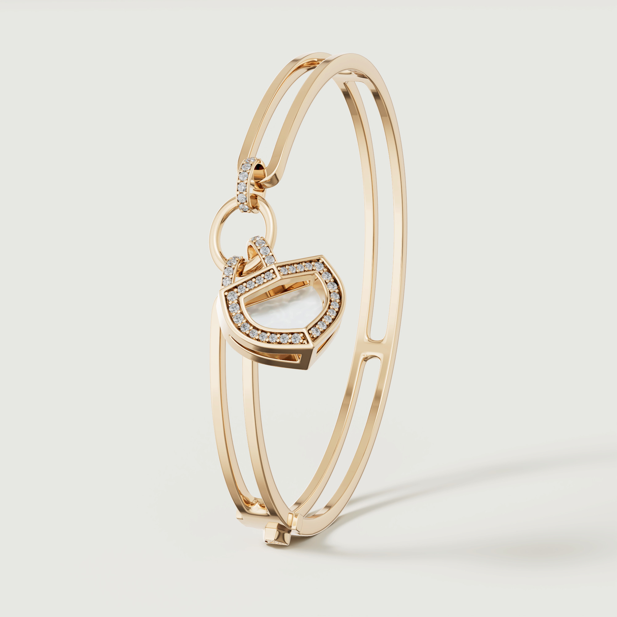 Art Deco Yellow Gold Bangle With Mother Of Pearl And Diamond