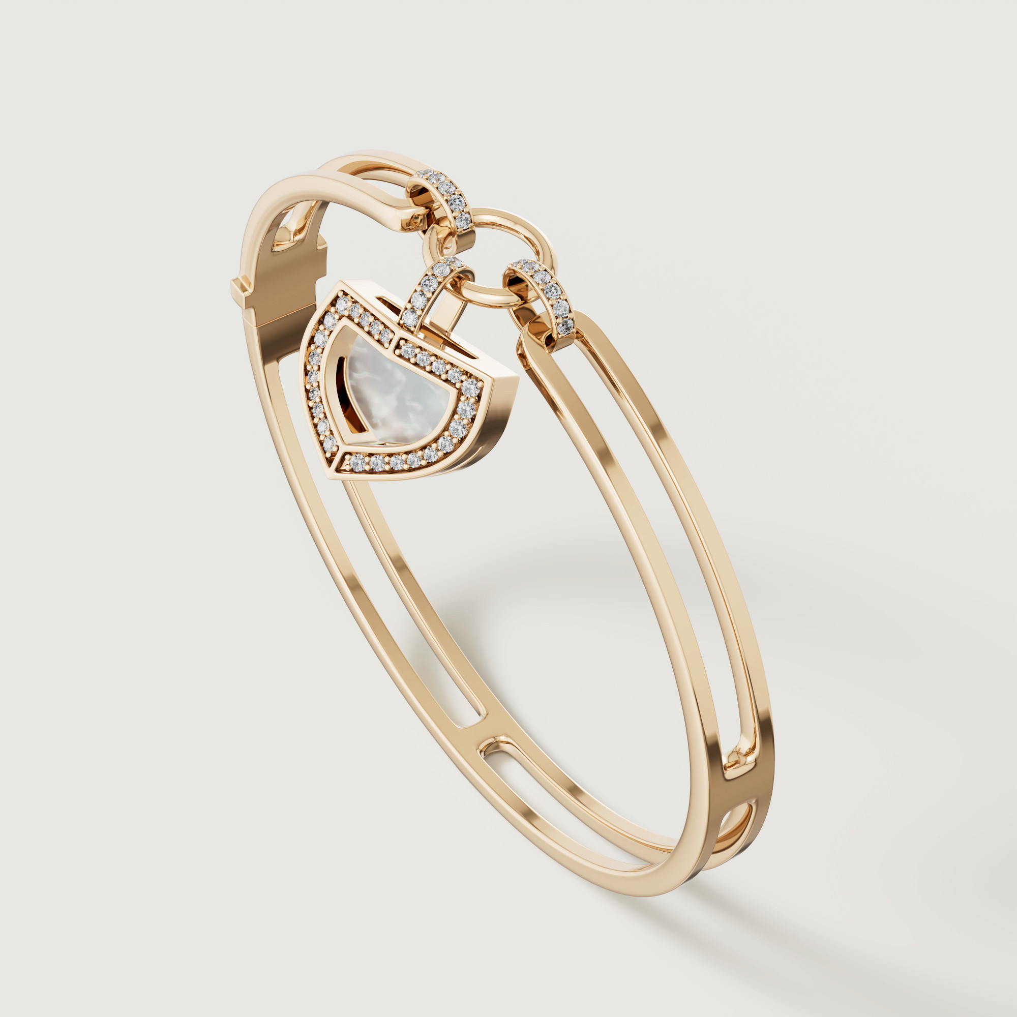 Art Deco Yellow Gold Bangle With Mother Of Pearl And Diamond