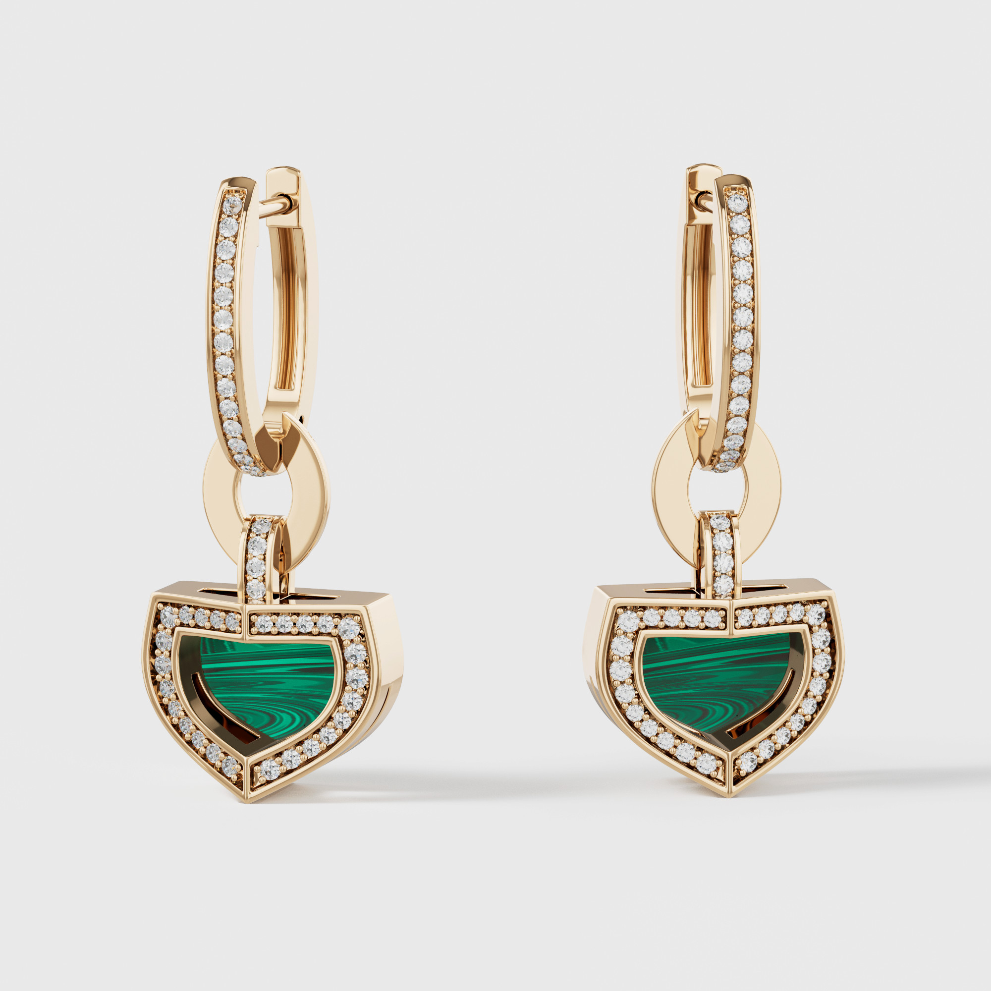 Art Deco Yellow Gold Earrings With Malachite And Diamond