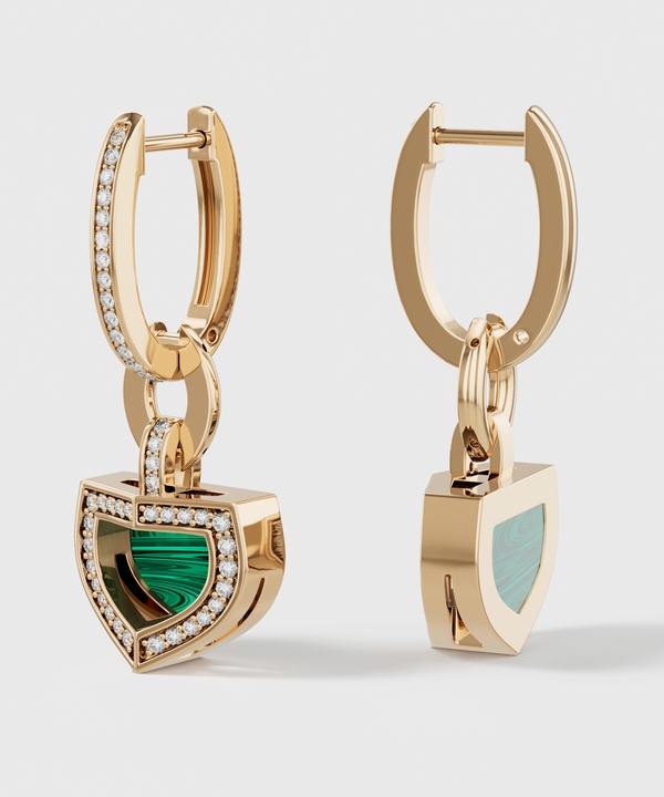 Art Deco Yellow Gold Earrings With Malachite And Diamond