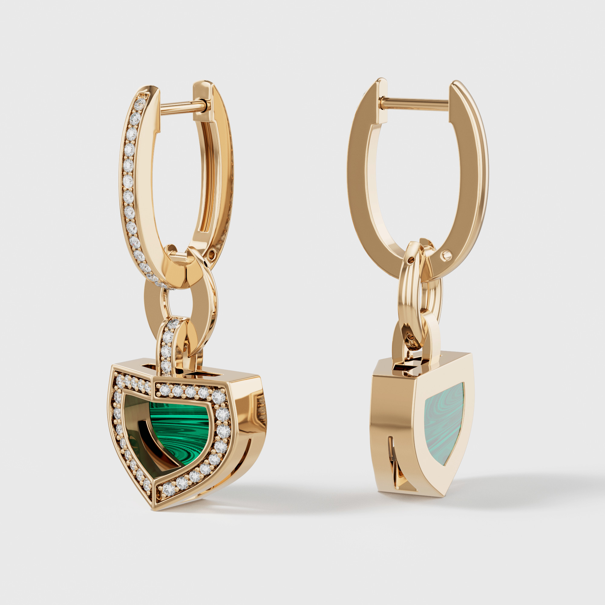 Art Deco Yellow Gold Earrings With Malachite And Diamond