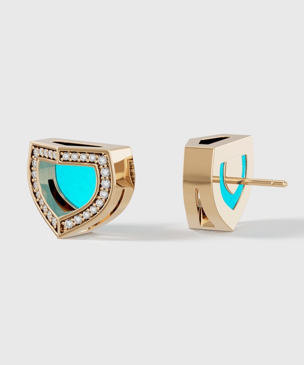 Art Deco Yellow Gold Earrings With Turquoise And Diamond