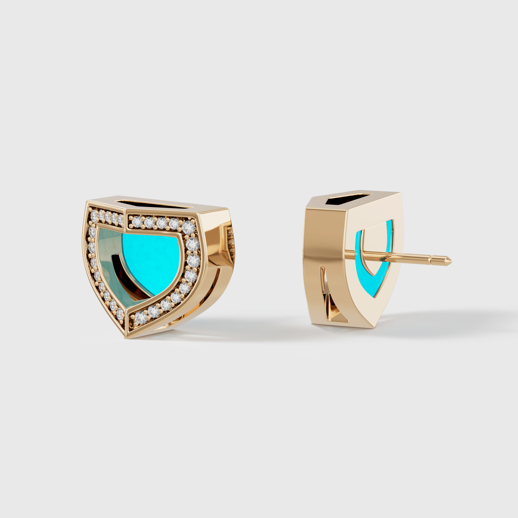Art Deco Yellow Gold Earrings With Turquoise And Diamond