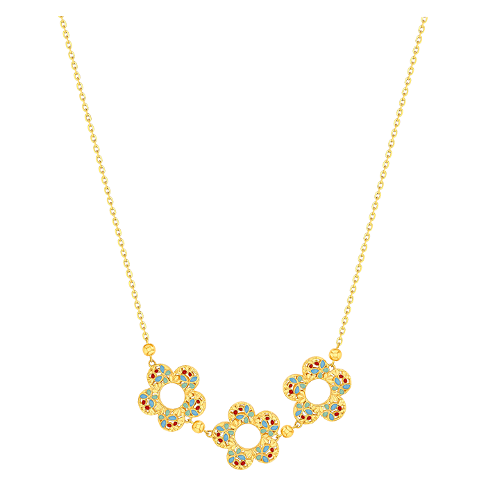 Bloom Blue & Orange Enamel Triple Motif Necklace