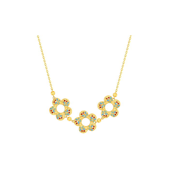 Bloom Blue & Orange Enamel Triple Motif Necklace