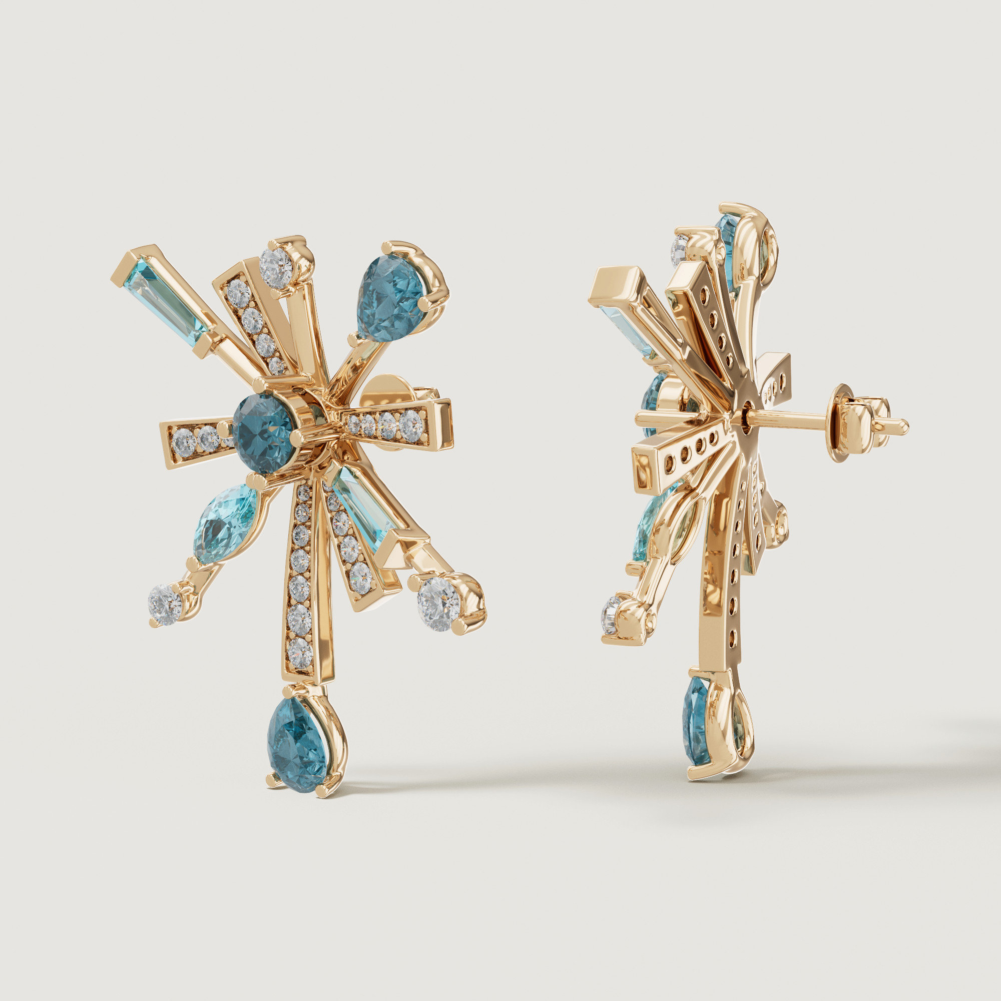 Sparkles 18k Yellow Gold Diamond Blue Topaz & London Topaz Earrings