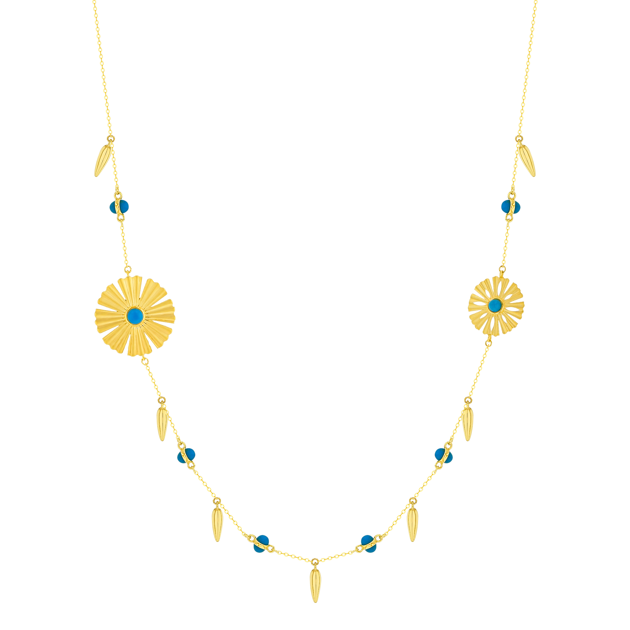 Sunkiss Necklace In 18K Yellow Gold With Two Arfaj Flowers Flower Buds And Turquoise