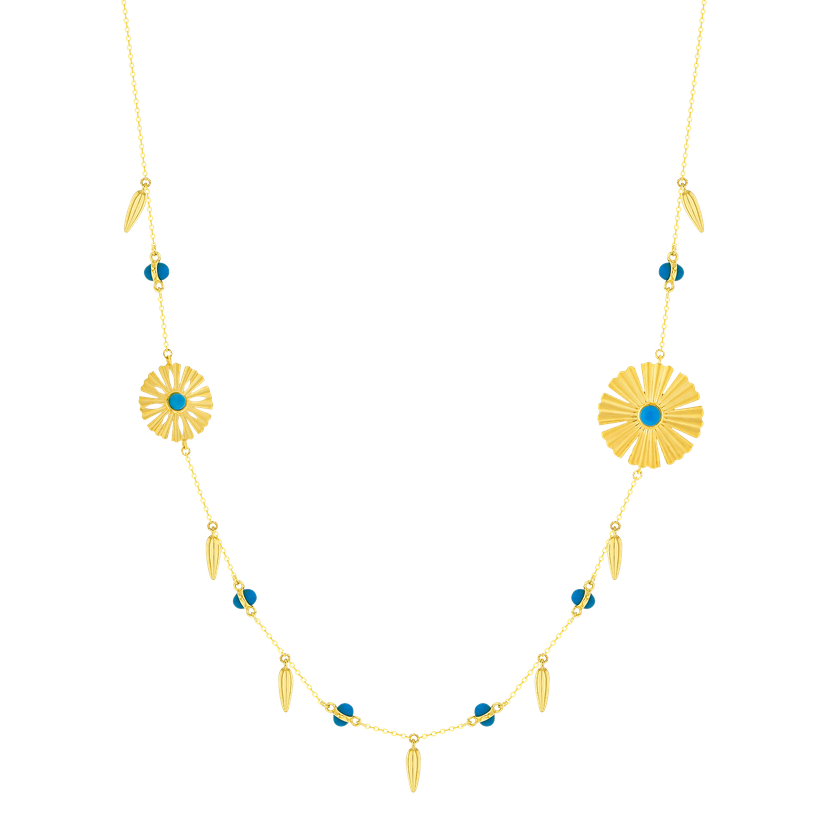 Sunkiss Necklace In 18K Yellow Gold With Two Arfaj Flowers Flower Buds And Turquoise