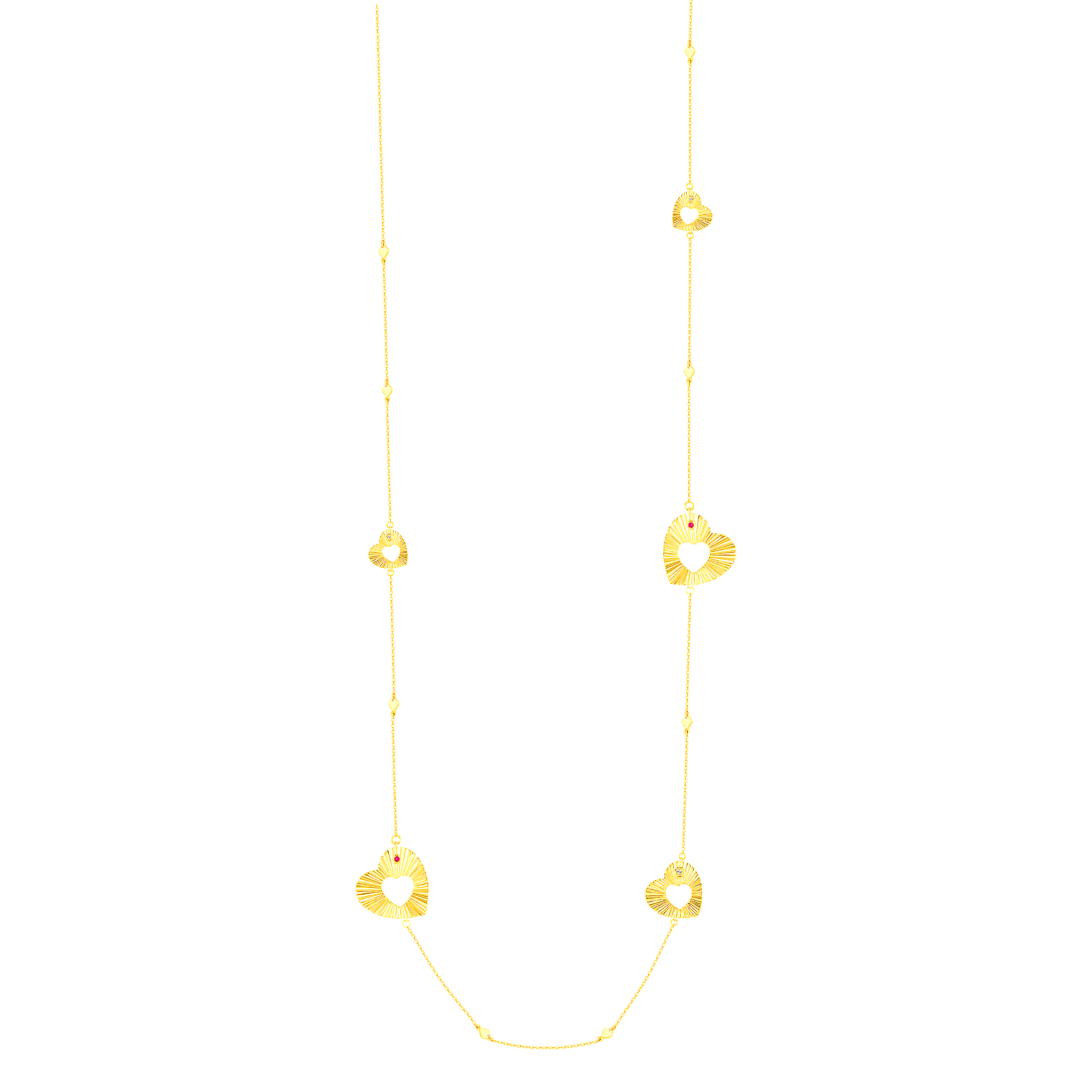 Sunkiss Hearts Long Necklace In 18k Yellow Gold And Studded With Ruby And Diamond