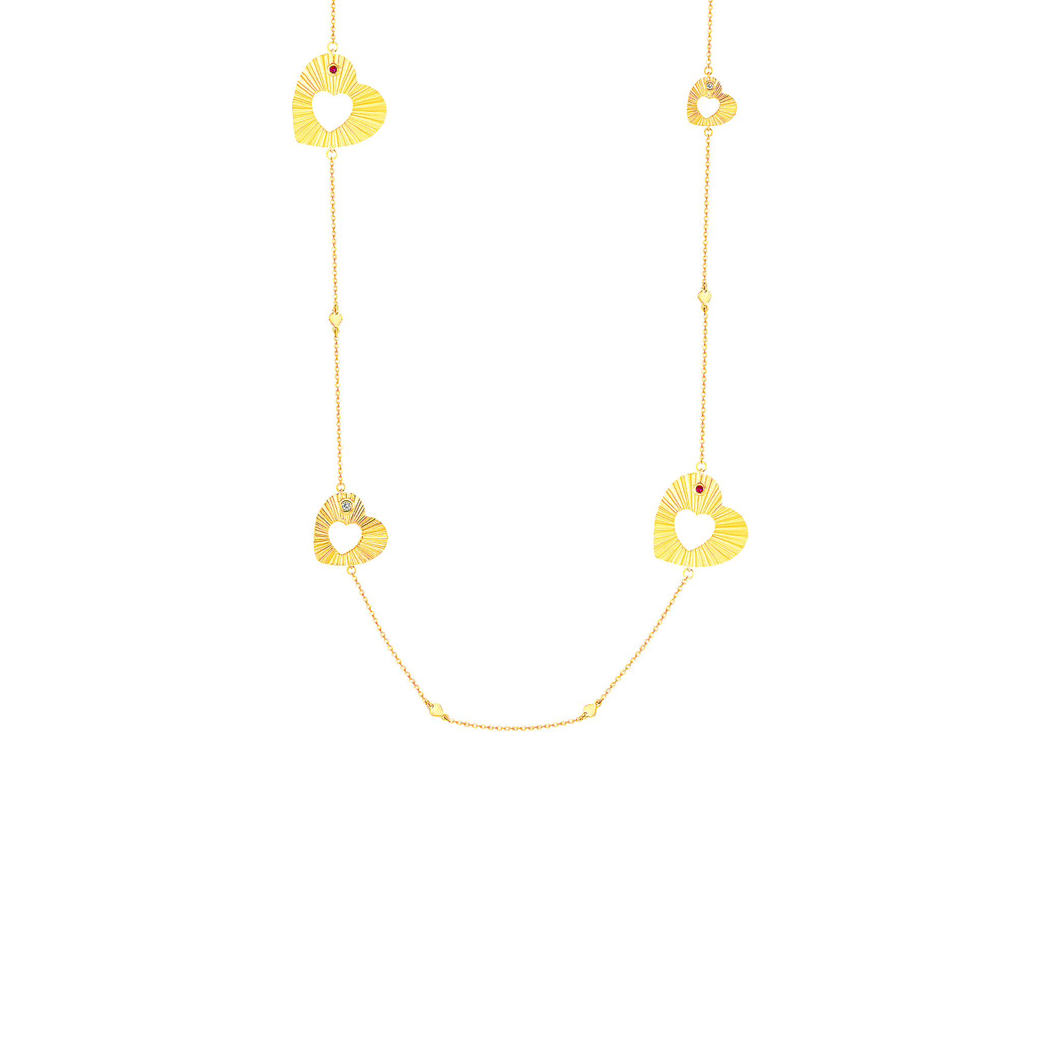Sunkiss Hearts Long Necklace In 18k Yellow Gold And Studded With Ruby And Diamond