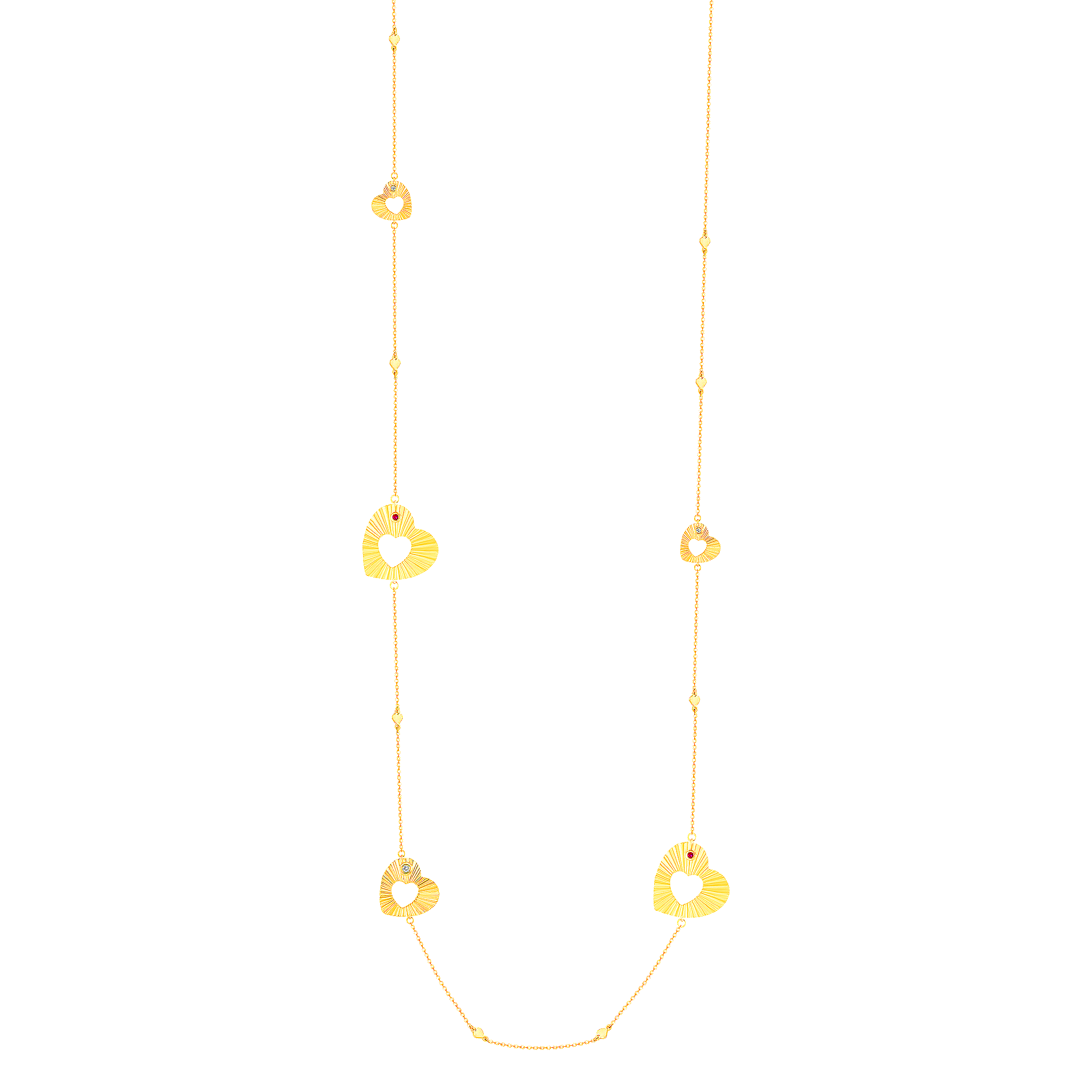 Sunkiss Hearts Long Necklace In 18k Yellow Gold And Studded With Ruby And Diamond
