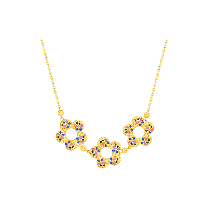 Bloom Purple & Green Enamel Trio Motif Necklace