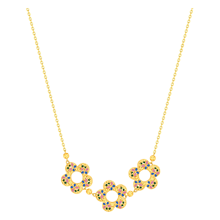 Bloom Purple & Green Enamel Trio Motif Necklace