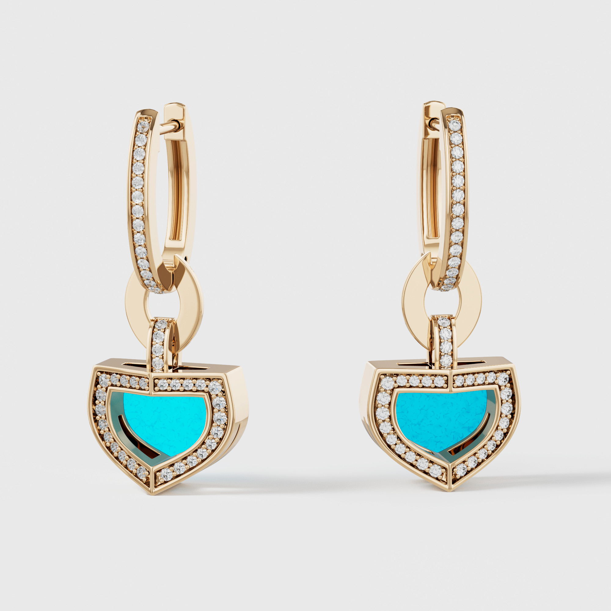 Art Deco Yellow Gold Earrings With Turquoise And Diamond