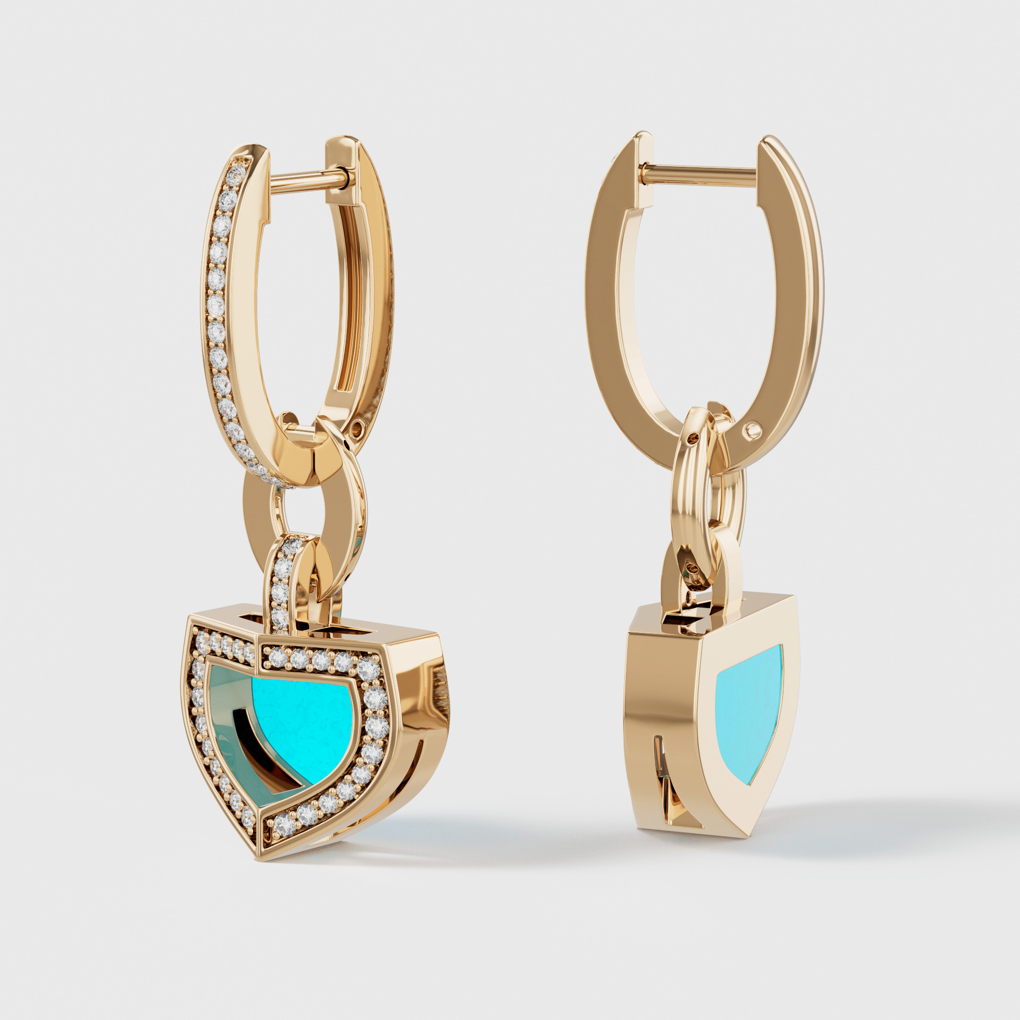 Art Deco Yellow Gold Earrings With Turquoise And Diamond