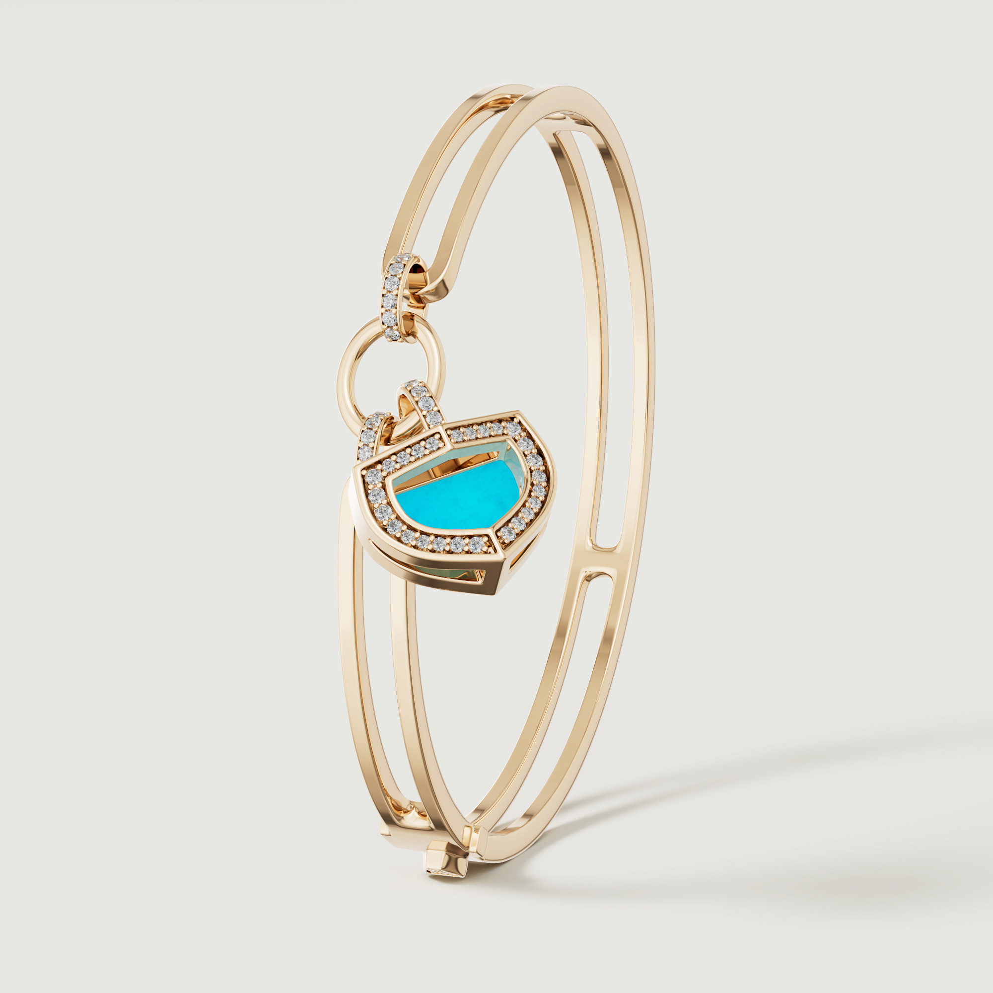 Art Deco Yellow Gold Bangle With Turquoise And Diamond
