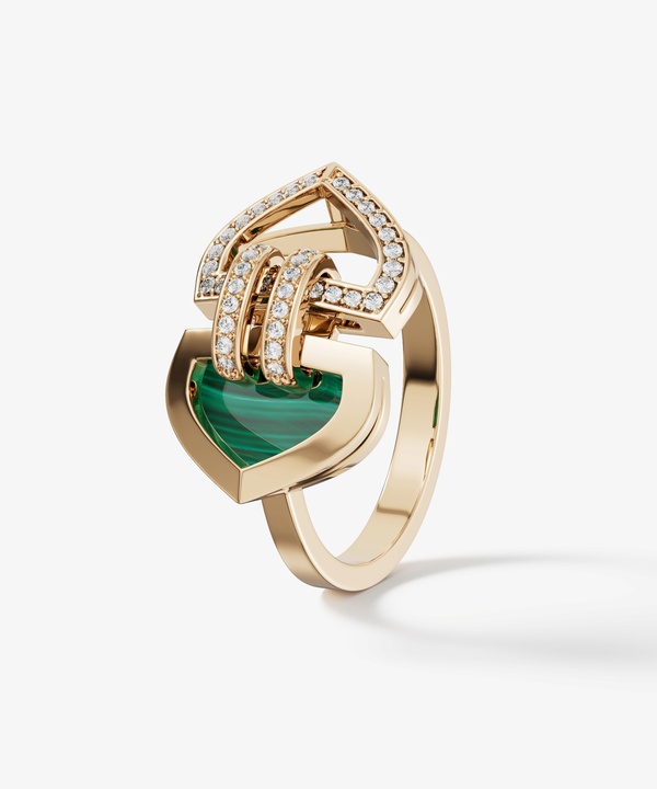 Art Deco Double 18k Yellow Gold Diamond And Malachite Ring