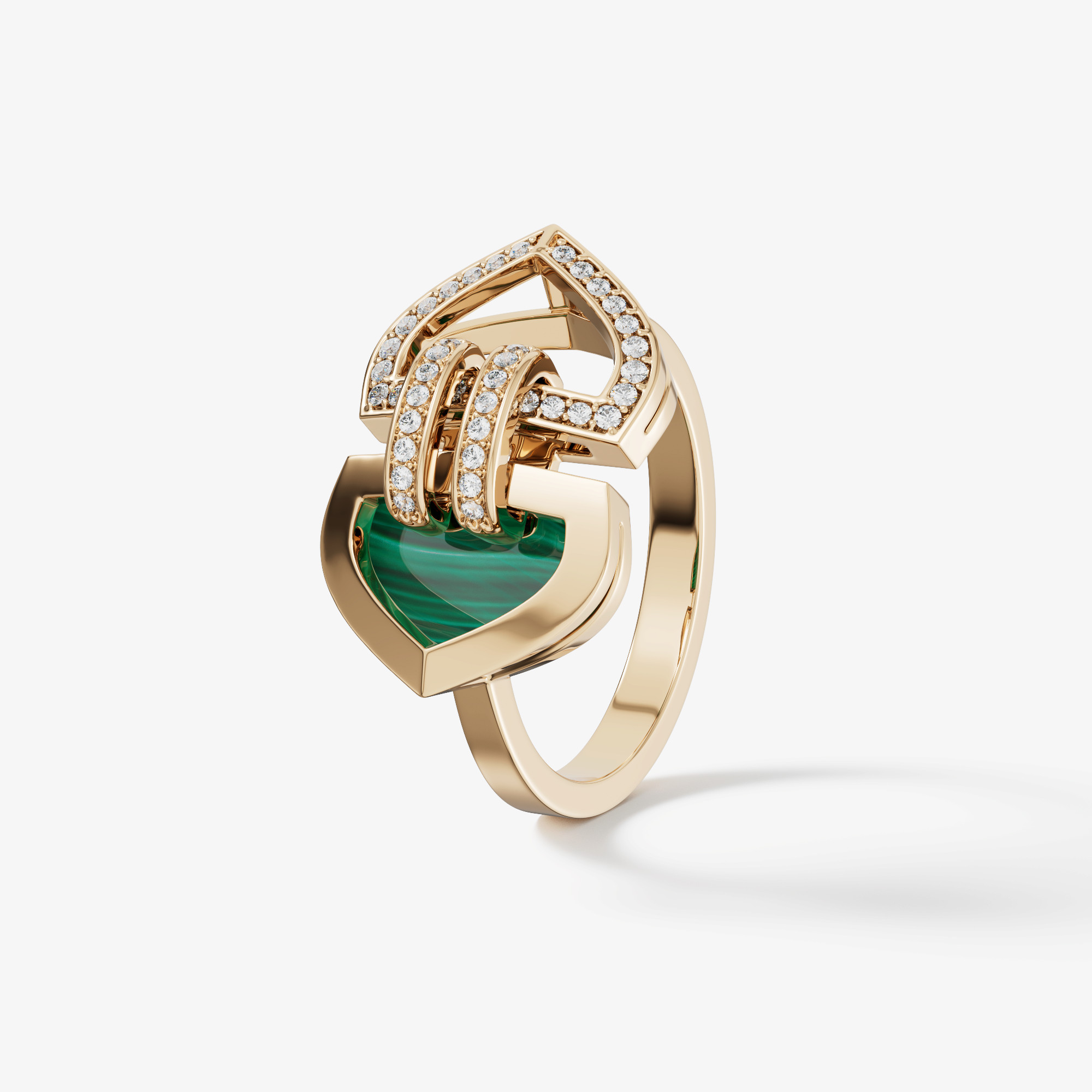 Art Deco Double 18k Yellow Gold Diamond And Malachite Ring