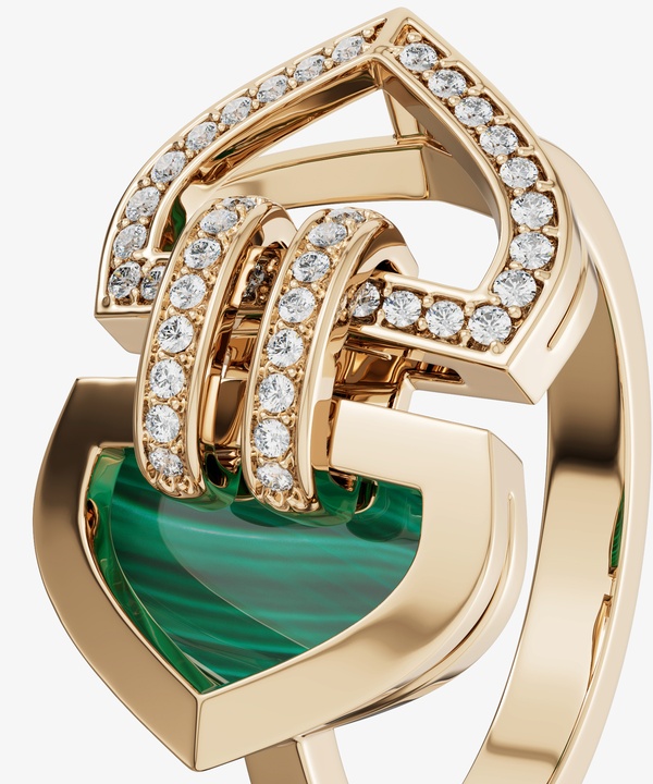 Art Deco Double 18k Yellow Gold Diamond And Malachite Ring