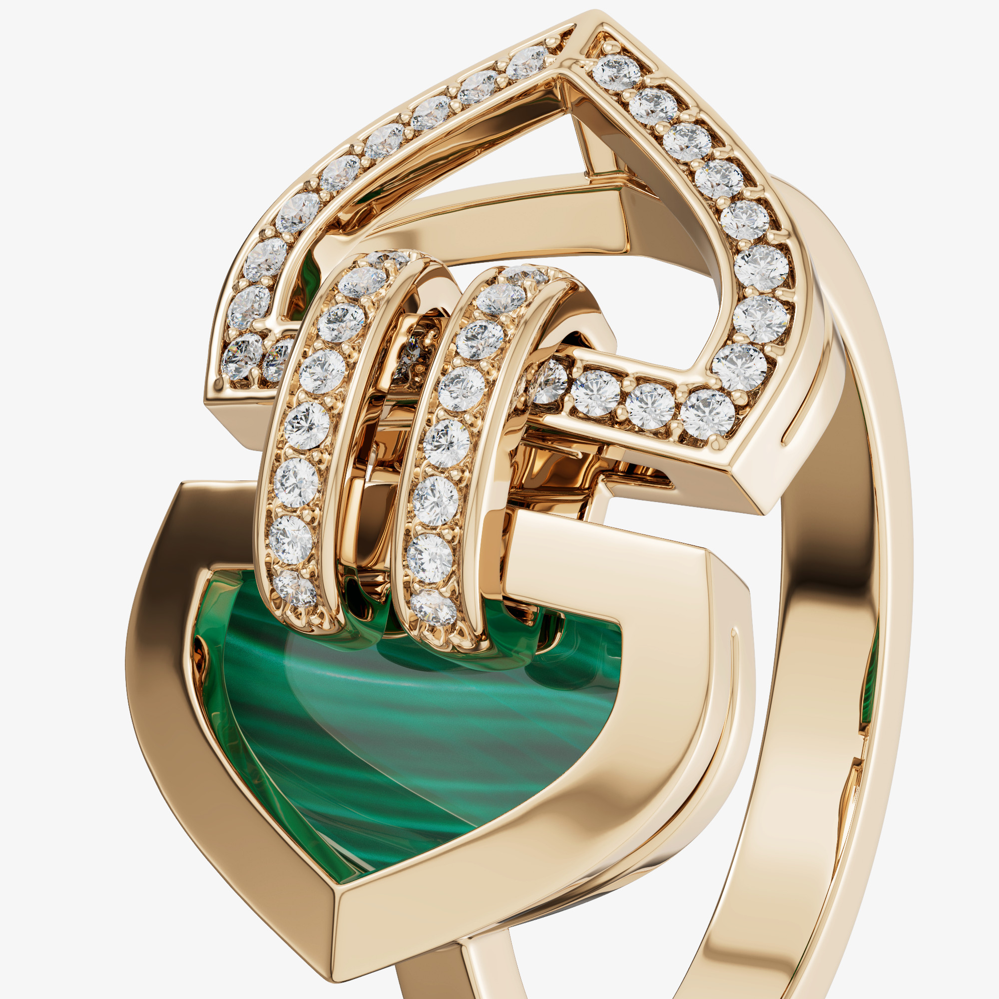 Art Deco Double 18k Yellow Gold Diamond And Malachite Ring