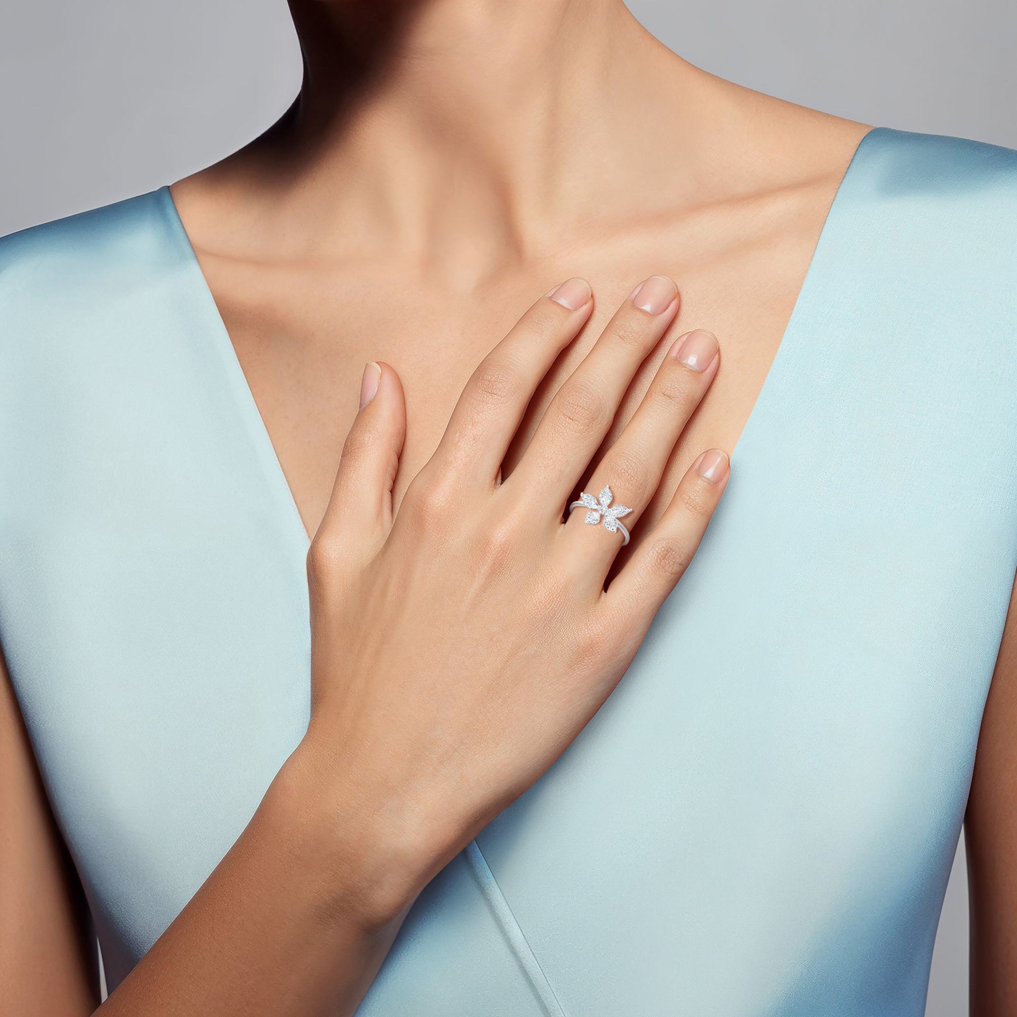Flora Diamond Ring In 18k White Gold