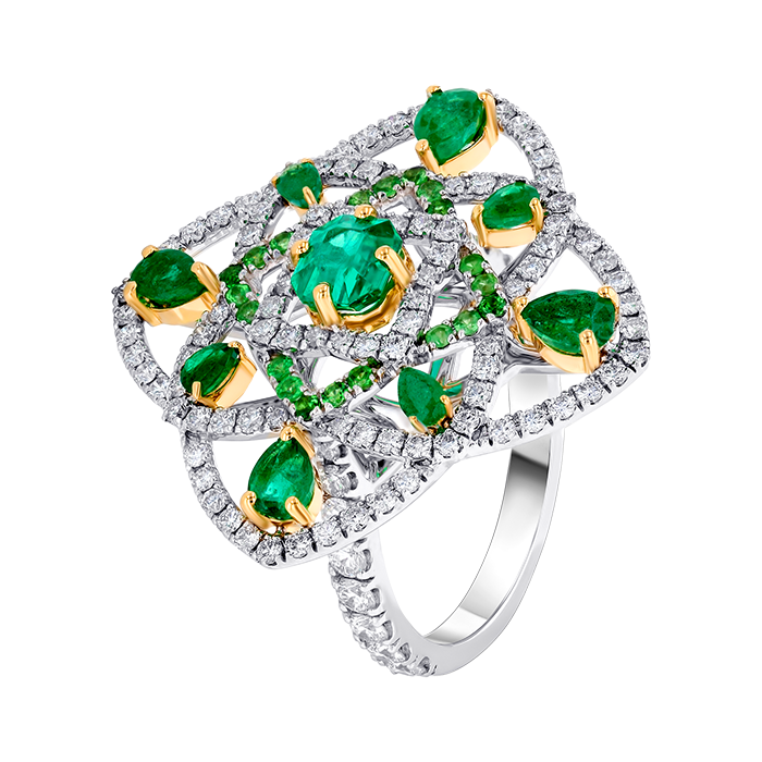 Cocktail Ring In 18K White Gold With Diamonds Emeralds And Tsavorite Ring