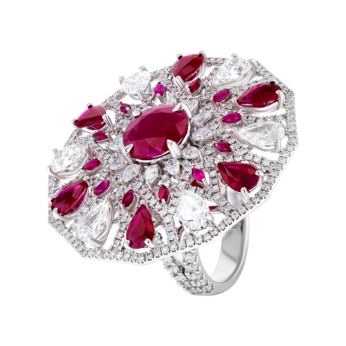 Cocktail Ring In 18k White Gold With Diamonds And Ruby Ring
