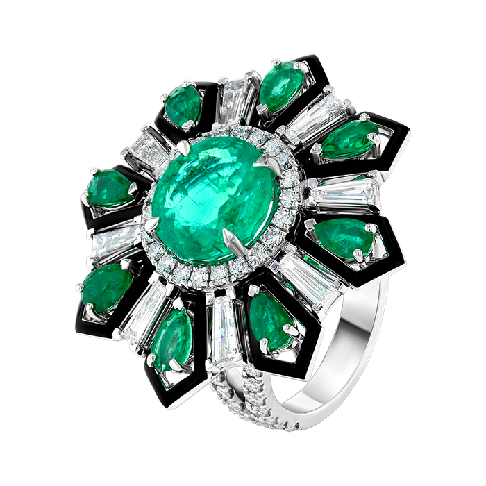 Cocktail Ring In 18k White Gold With Diamonds And Emeralds Ring