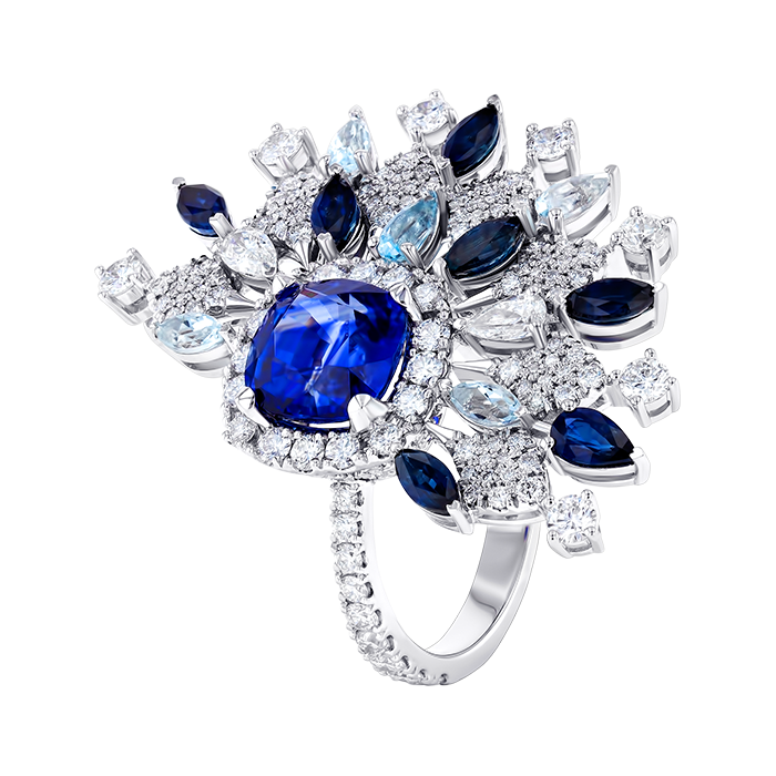 Cocktail Ring In 18k White Gold With Diamonds Sapphire And Aquamarine Ring