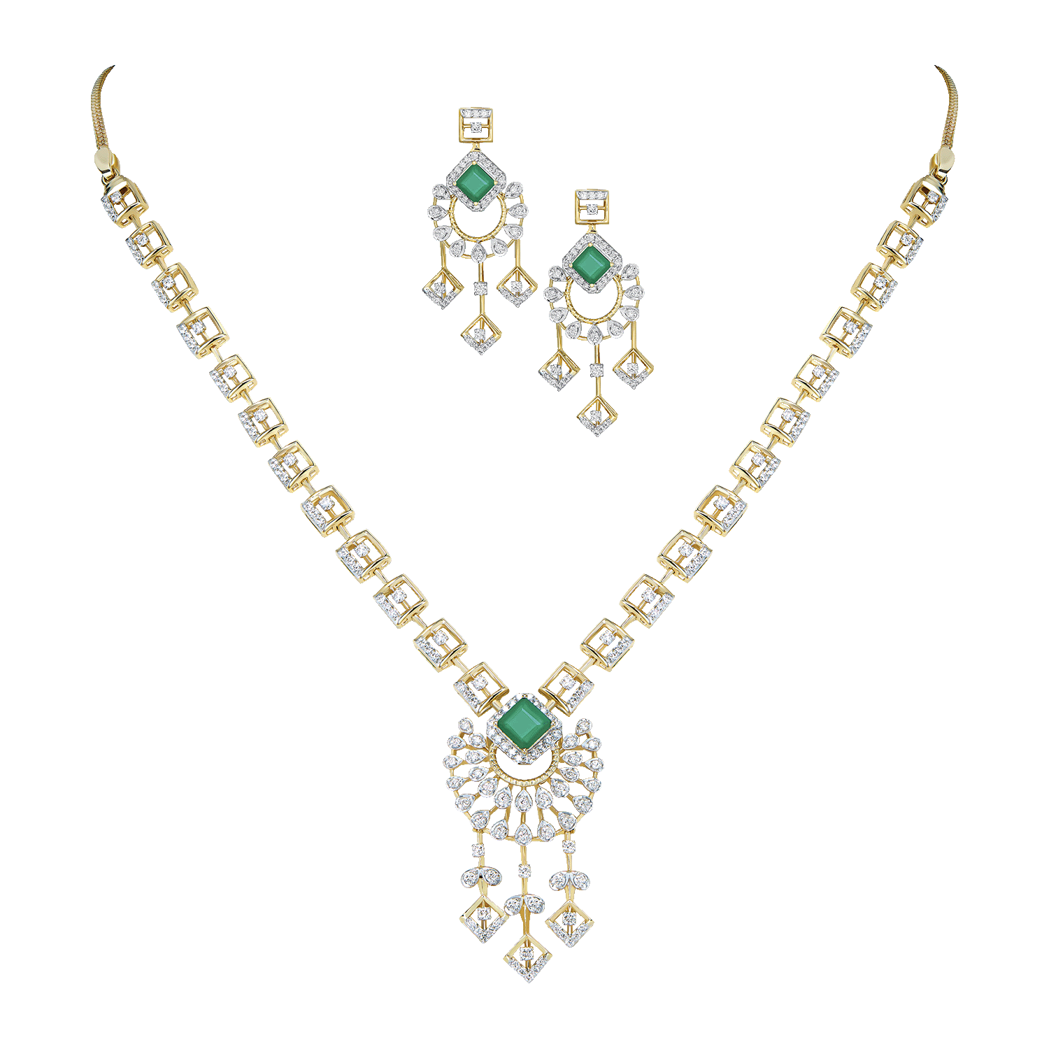 18k Gold Diamond & Green Onyx Necklace & Earrings Set