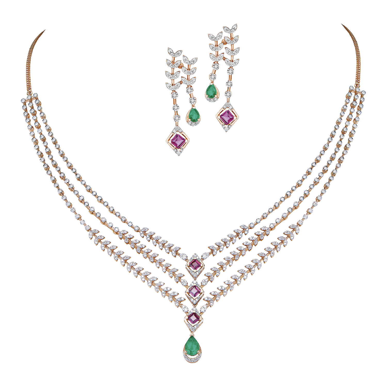 18k Gold Diamond Rhodolite & Emerald Necklace & Earrings Set