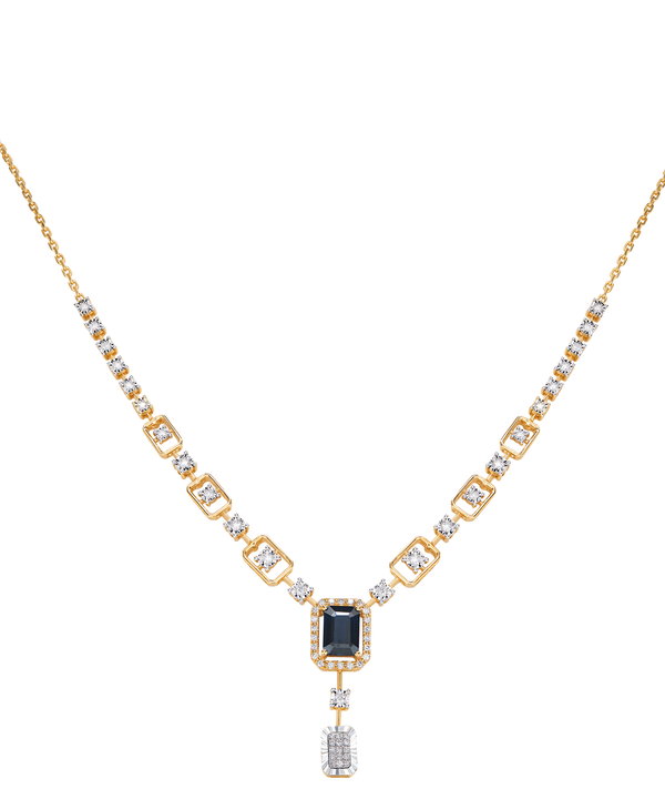 18K Yellow Gold Diamond And Blue Sapphire Necklace & Earrings Set
