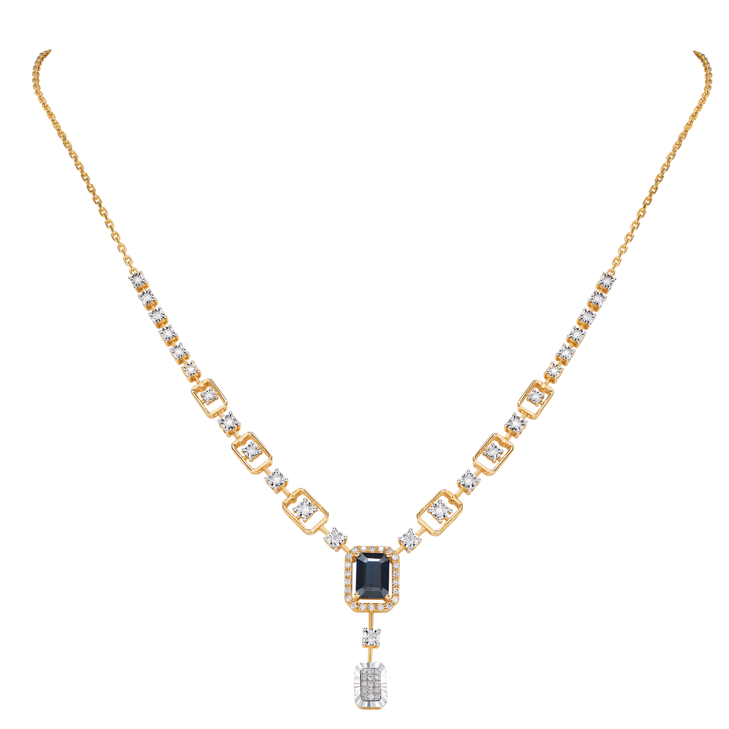 18k Yellow Gold Diamond And Blue Sapphire Necklace & Earrings Set