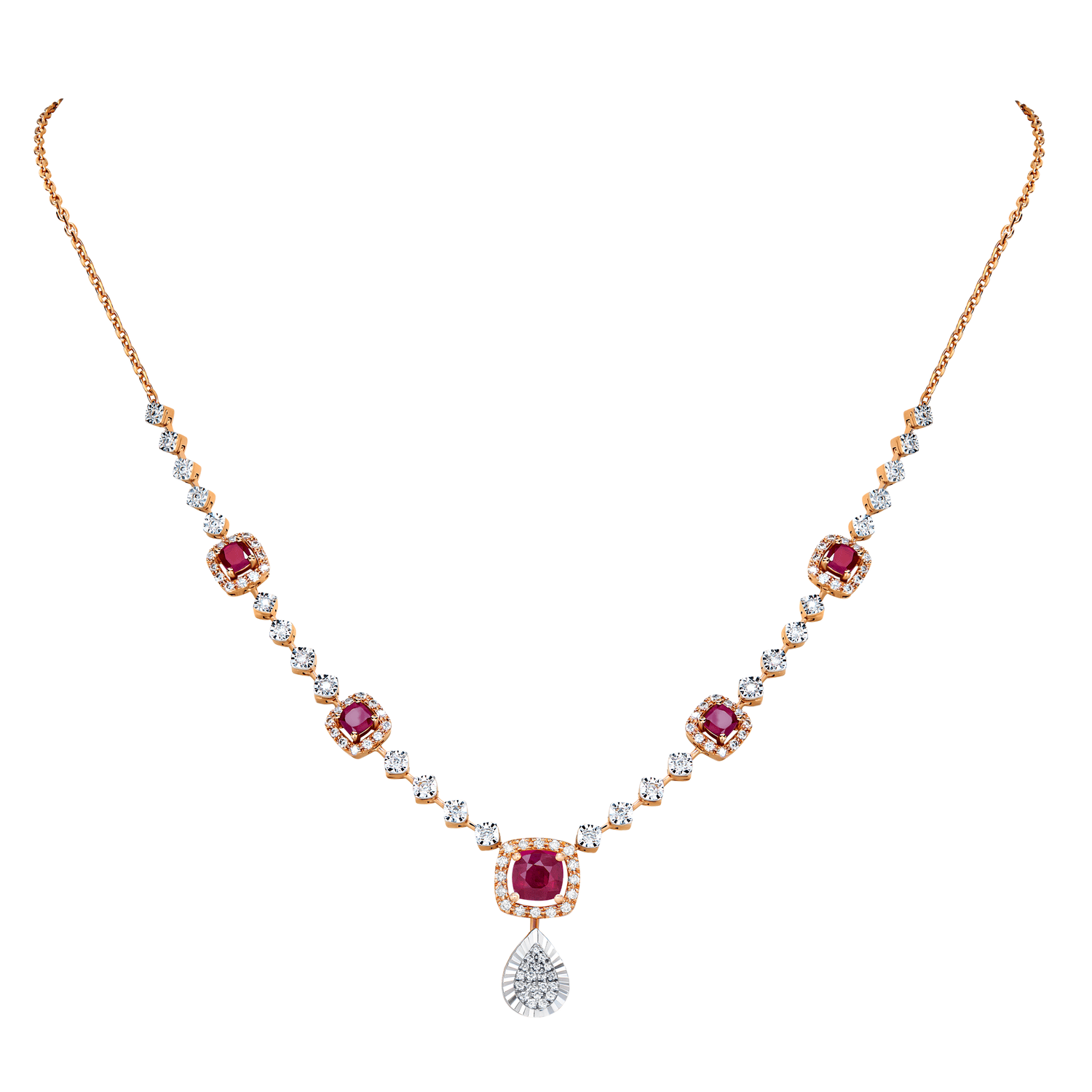 18K Rose Gold Diamond And Ruby Necklace & Earrings Set