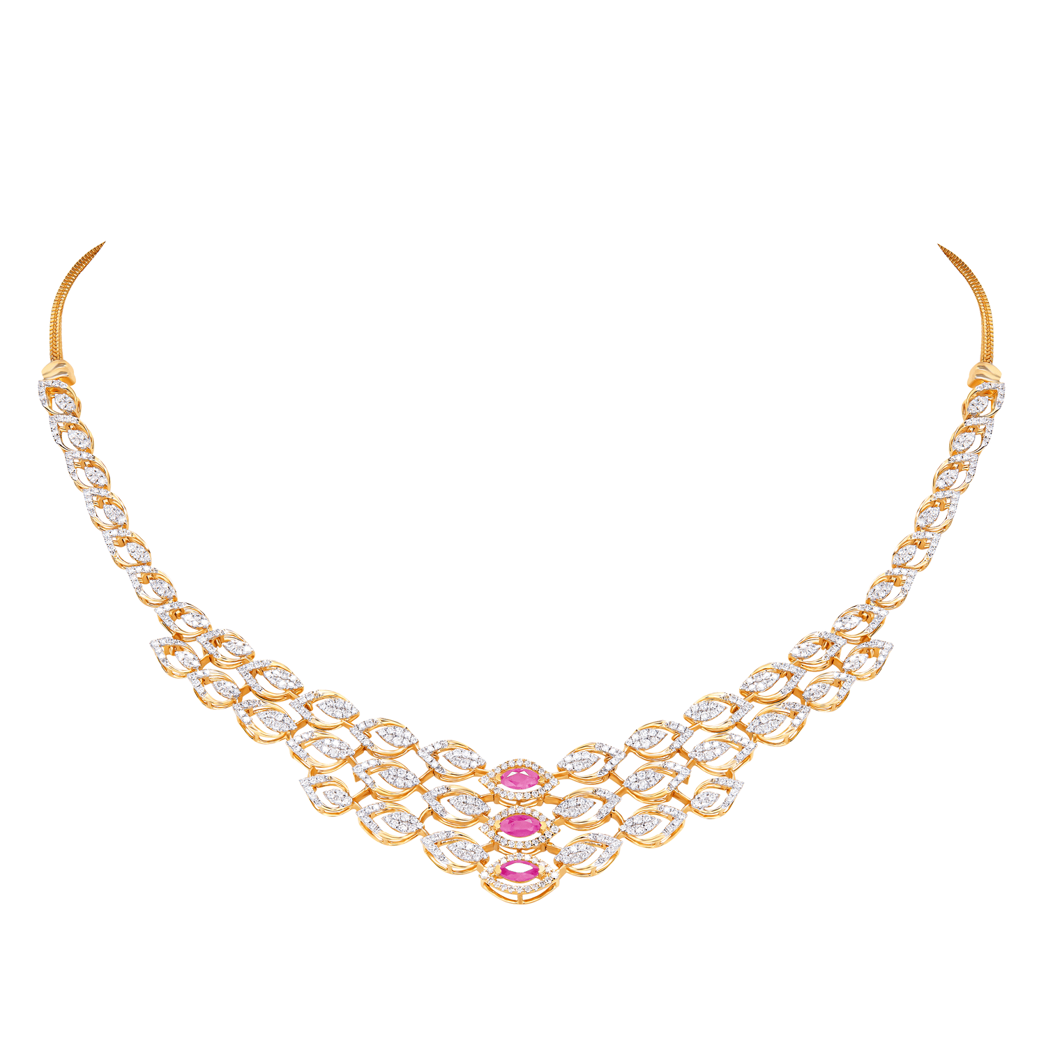 18k Yellow Gold Diamond And Ruby Necklace & Earrings Set