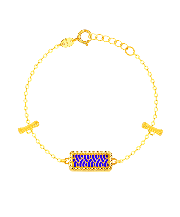 Tokyo Rectangle Shape Double T Bar Two Faced 18k Yellow Gold Bracelet Blue & White